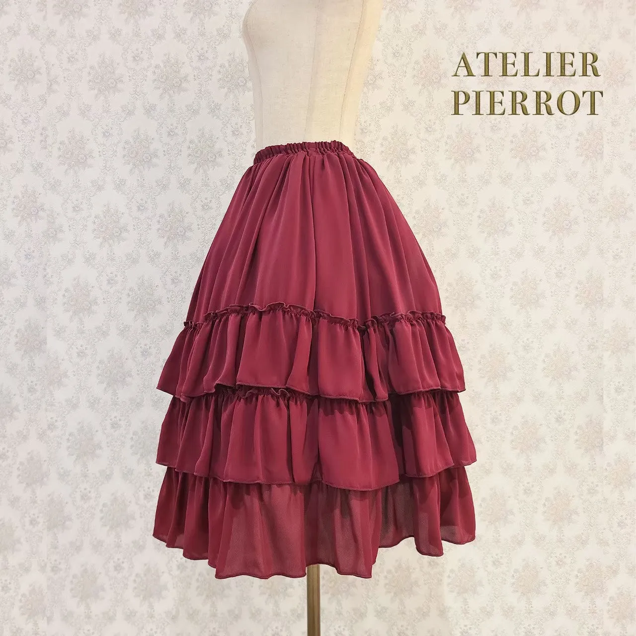 【ATELIER PIERROT】Three-Tiered Ruffle Chiffon Skirt　White/Ivory/Bordeaux/Navy/Black