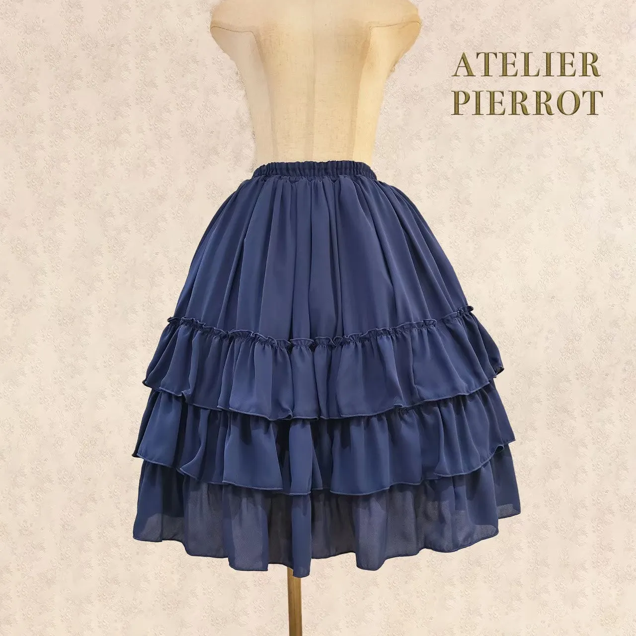 【ATELIER PIERROT】Three-Tiered Ruffle Chiffon Skirt　White/Ivory/Bordeaux/Navy/Black