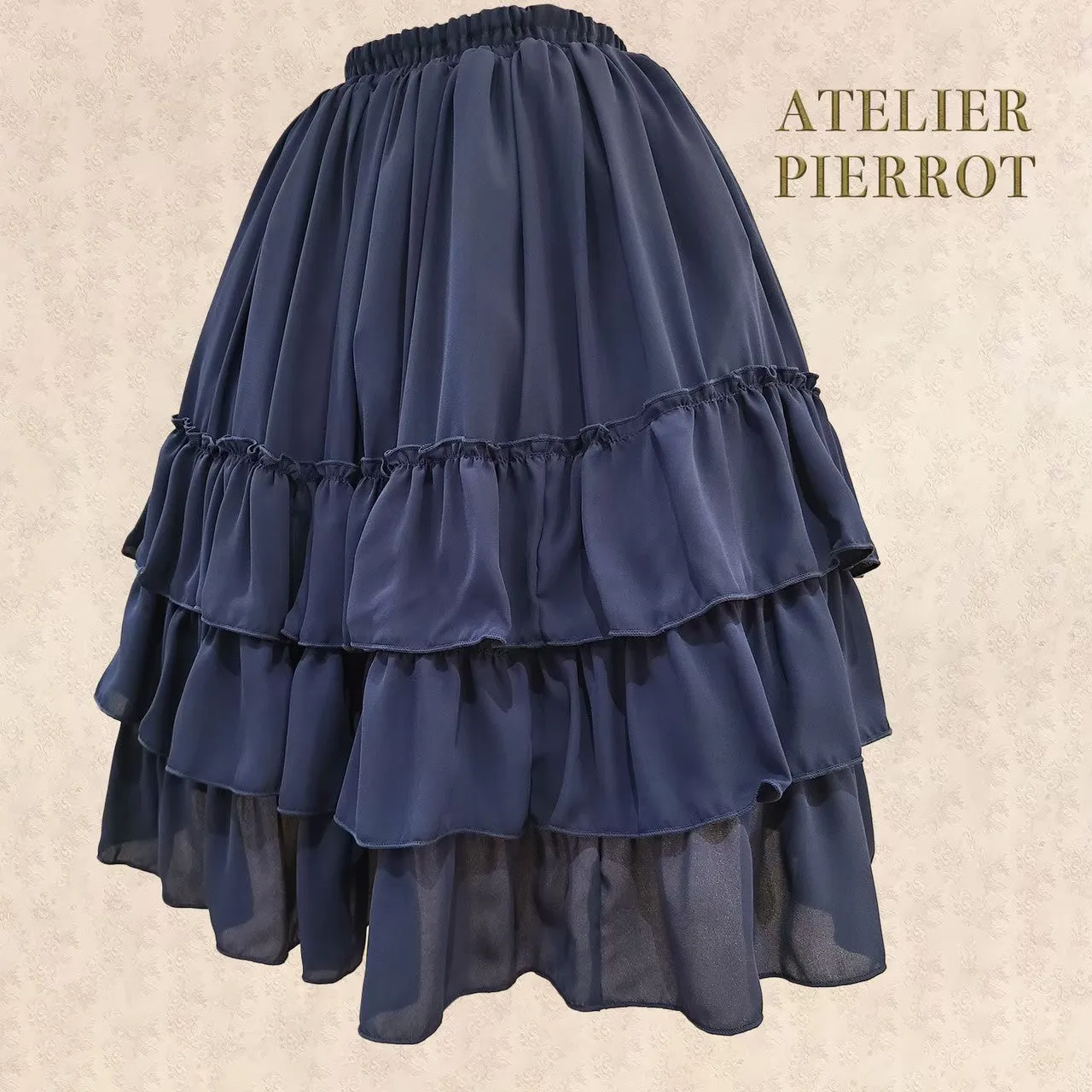 【ATELIER PIERROT】Three-Tiered Ruffle Chiffon Skirt　White/Ivory/Bordeaux/Navy/Black