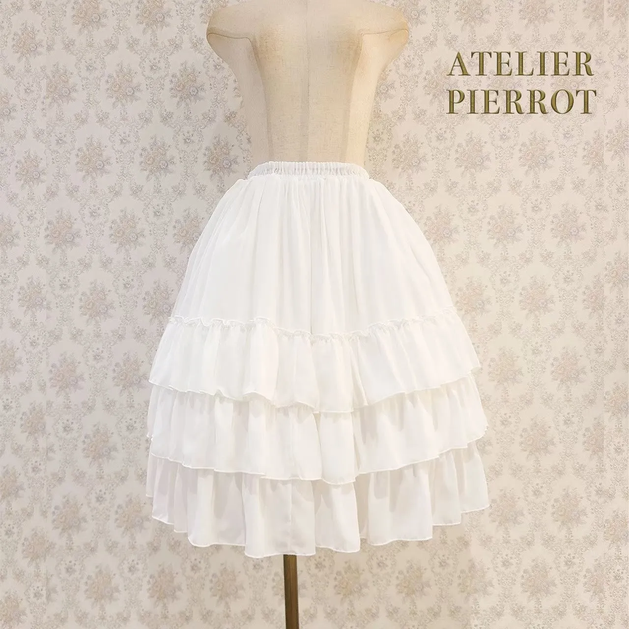 【ATELIER PIERROT】Three-Tiered Ruffle Chiffon Skirt　White/Ivory/Bordeaux/Navy/Black