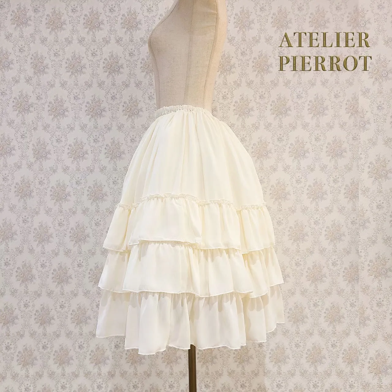 【ATELIER PIERROT】Three-Tiered Ruffle Chiffon Skirt　White/Ivory/Bordeaux/Navy/Black