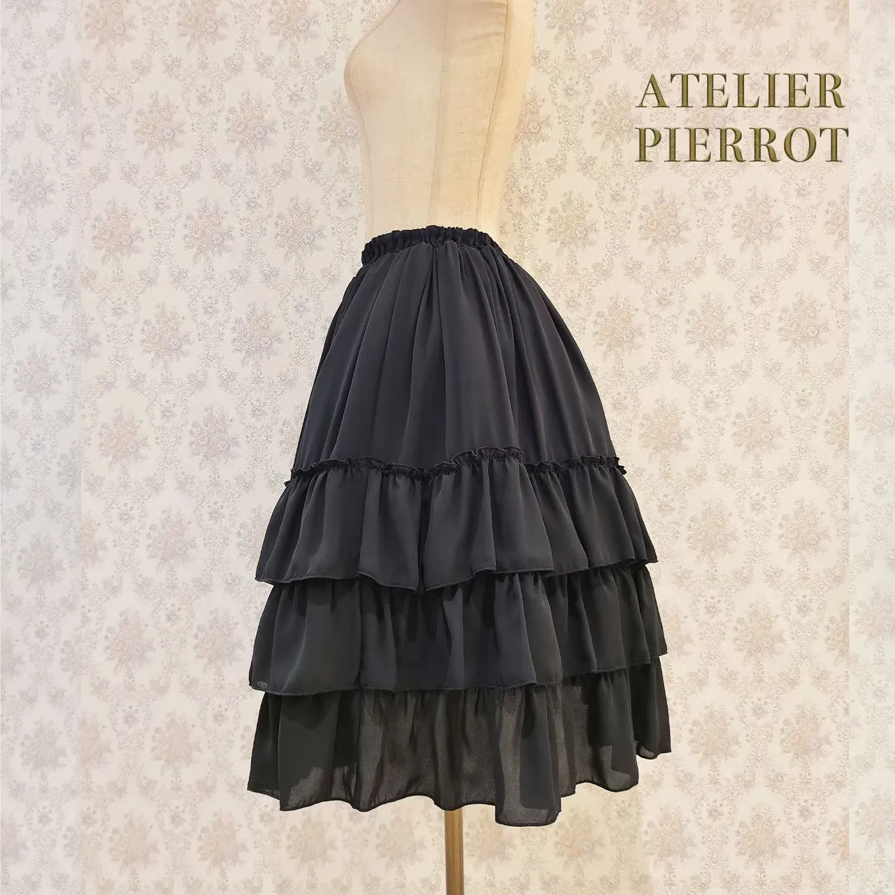 【ATELIER PIERROT】Three-Tiered Ruffle Chiffon Skirt　White/Ivory/Bordeaux/Navy/Black