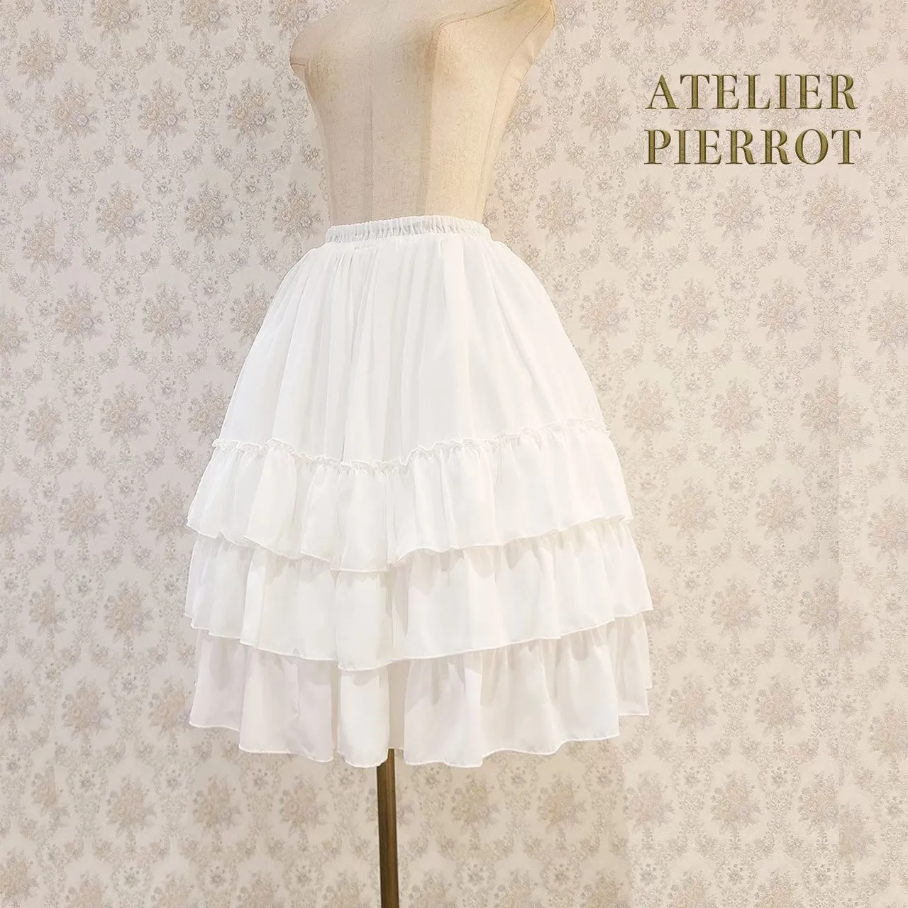 【ATELIER PIERROT】Three-Tiered Ruffle Chiffon Skirt　White/Ivory/Bordeaux/Navy/Black