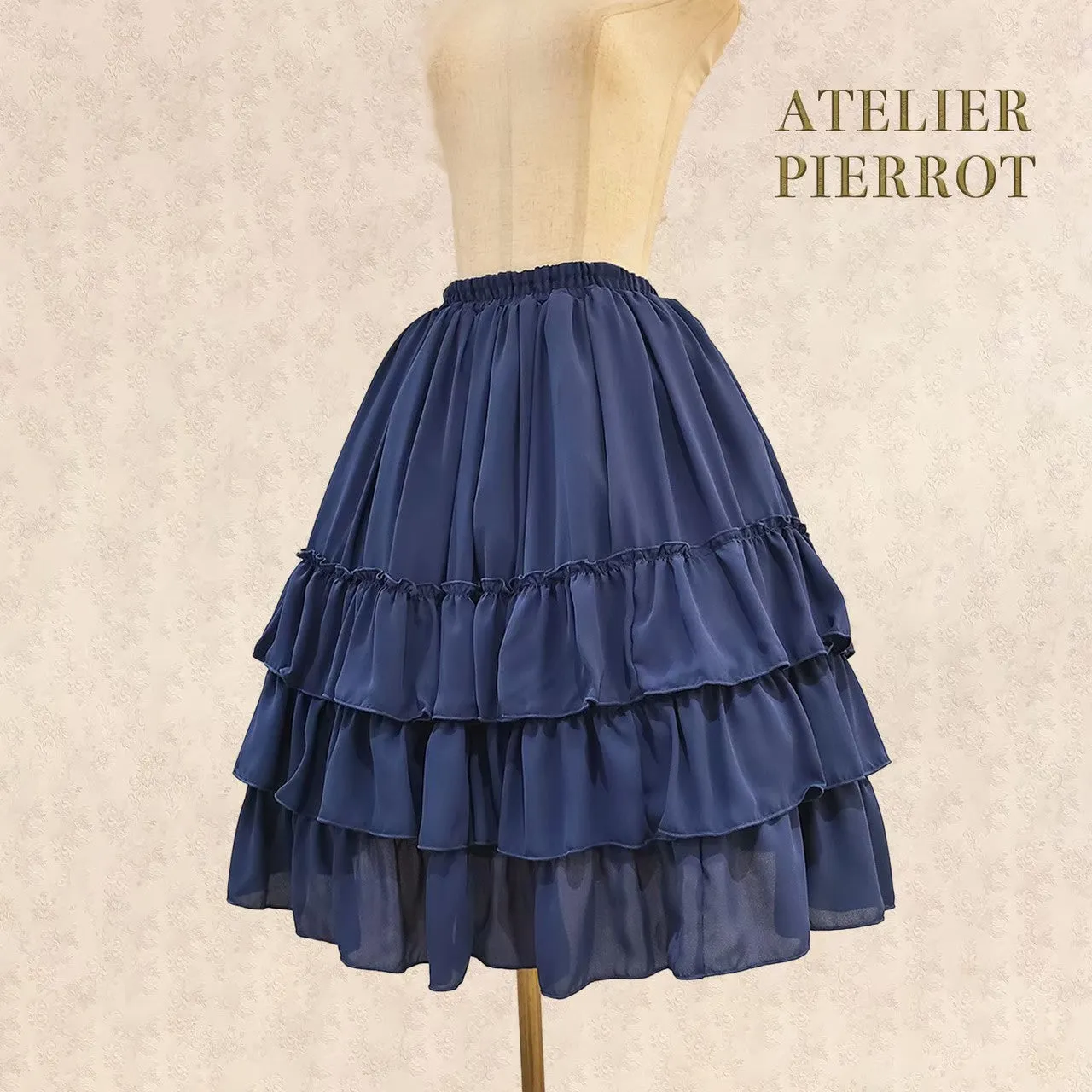 【ATELIER PIERROT】Three-Tiered Ruffle Chiffon Skirt　White/Ivory/Bordeaux/Navy/Black