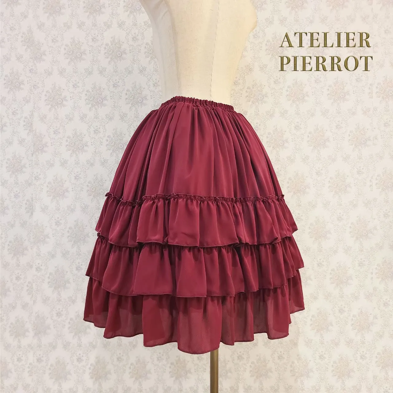 【ATELIER PIERROT】Three-Tiered Ruffle Chiffon Skirt　White/Ivory/Bordeaux/Navy/Black