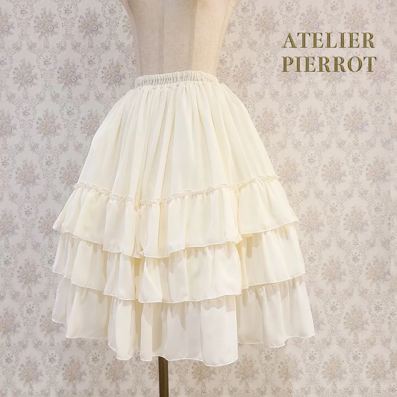 【ATELIER PIERROT】Three-Tiered Ruffle Chiffon Skirt　White/Ivory/Bordeaux/Navy/Black