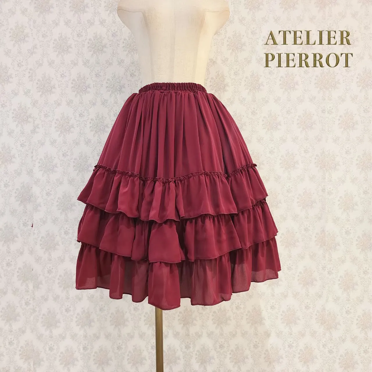 【ATELIER PIERROT】Three-Tiered Ruffle Chiffon Skirt　White/Ivory/Bordeaux/Navy/Black