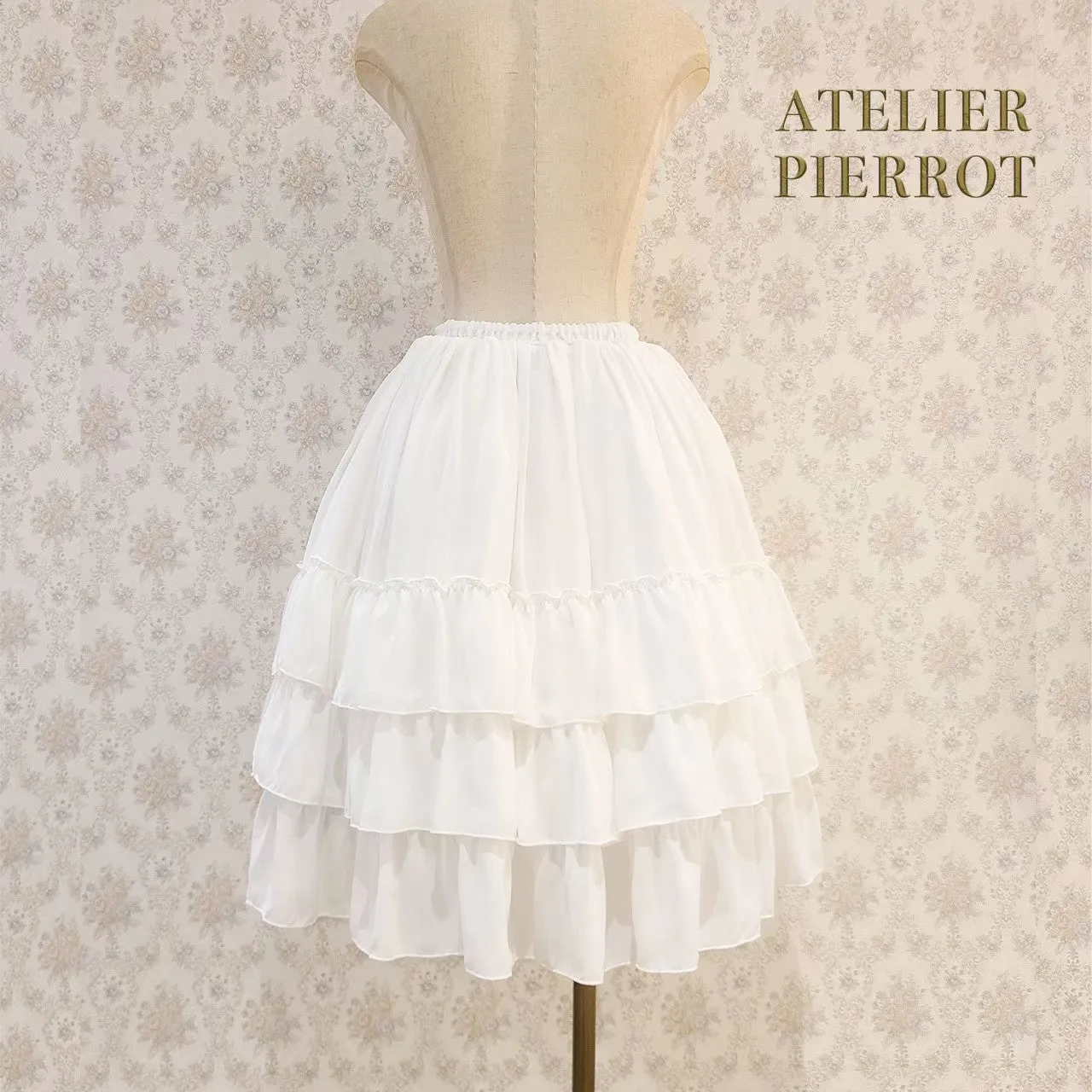 【ATELIER PIERROT】Three-Tiered Ruffle Chiffon Skirt　White/Ivory/Bordeaux/Navy/Black