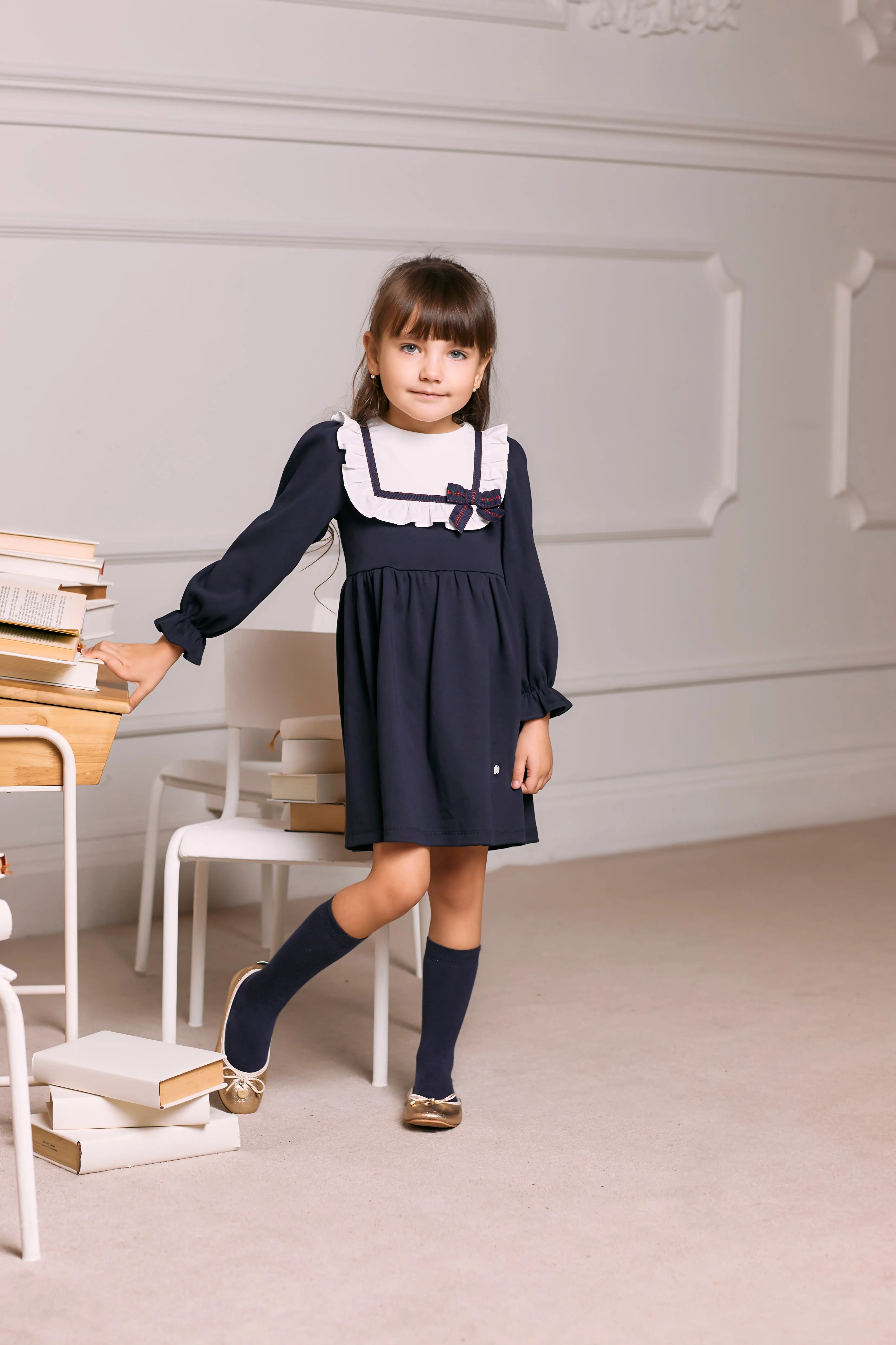 AW24 Patachou Girls Navy Blue Bow Dress