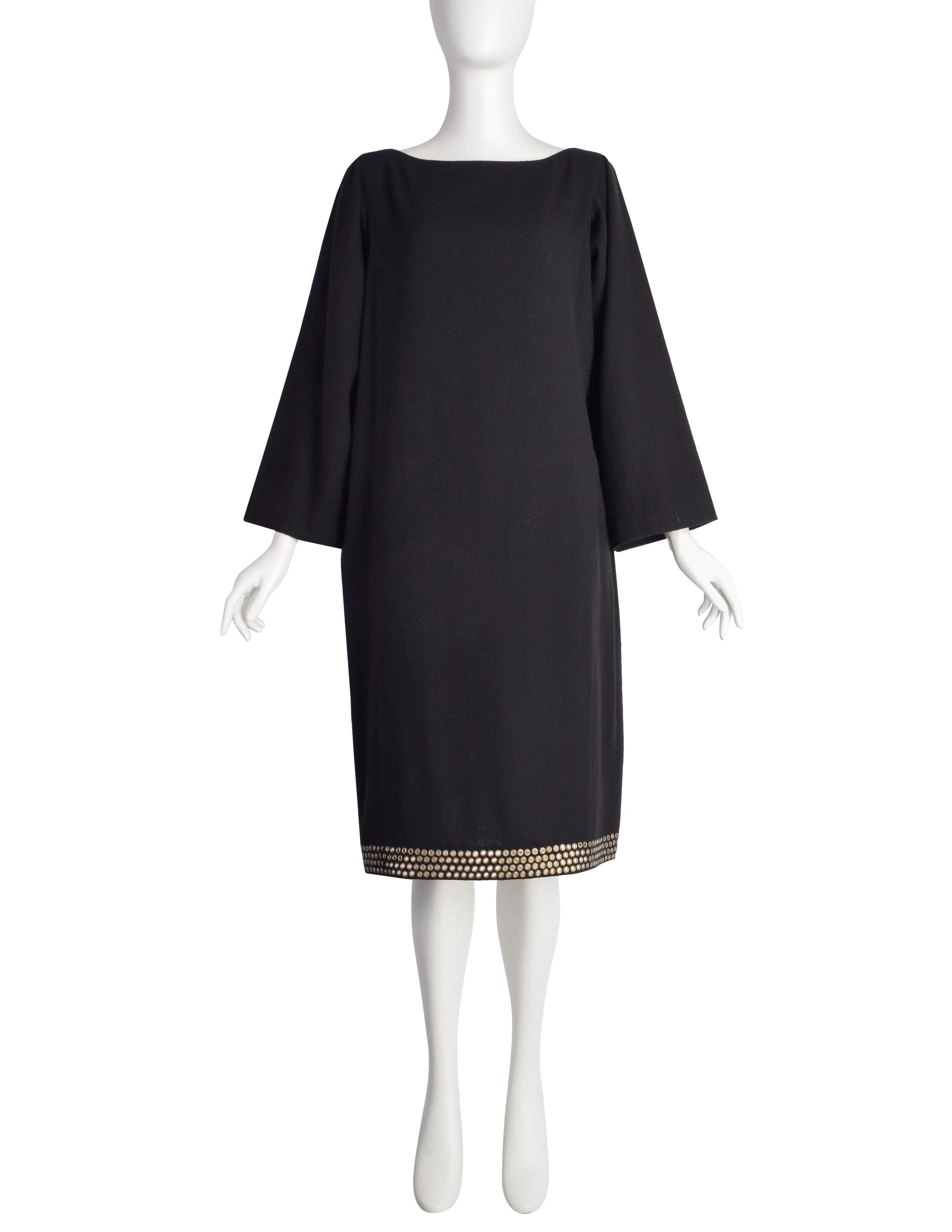 Azzedine Alaia Vintage 1980s Black Wool Grommet Trimmed Dress