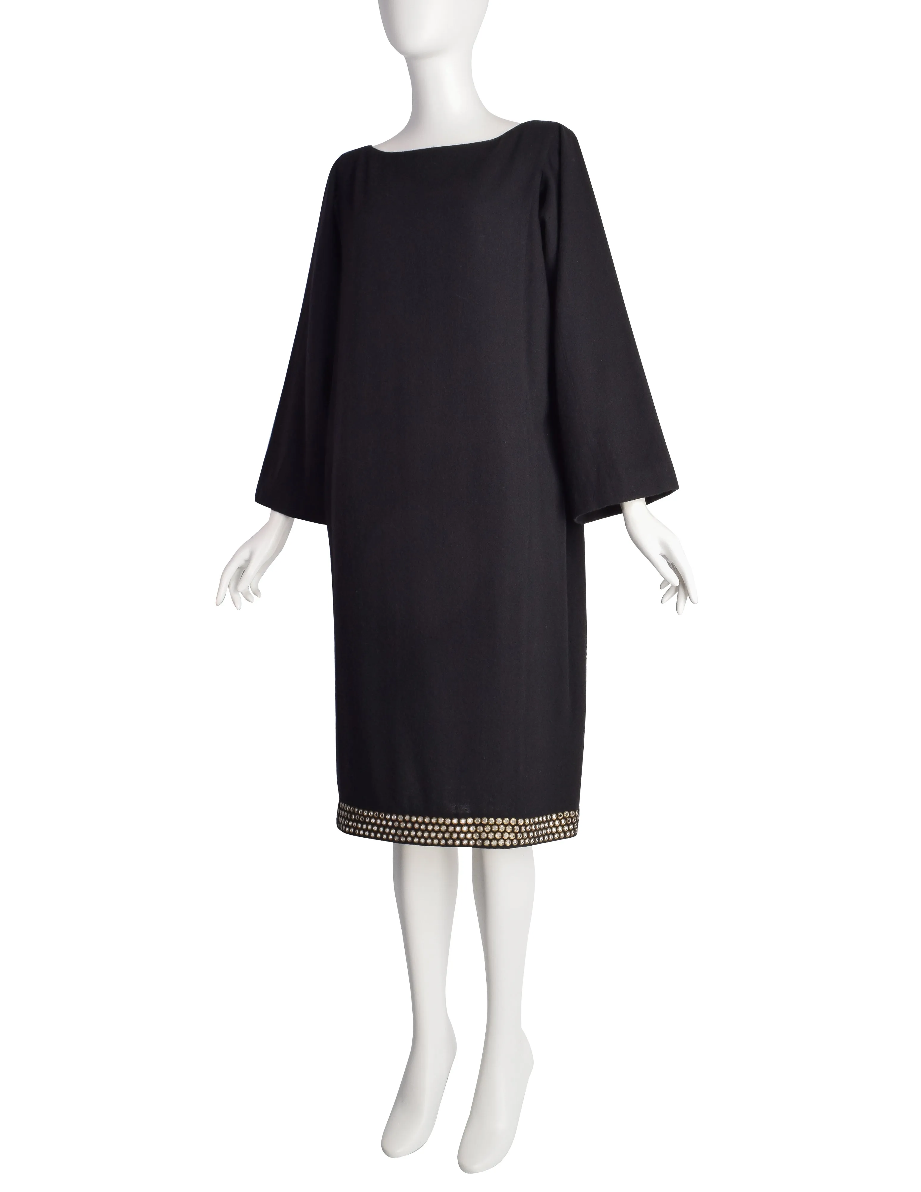 Azzedine Alaia Vintage 1980s Black Wool Grommet Trimmed Dress