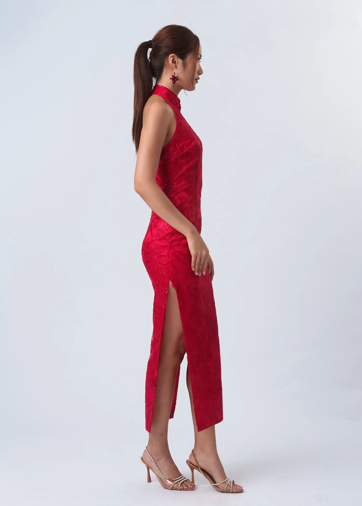 Begonia Backless Halter Bridal Qipao (Red) - RTW