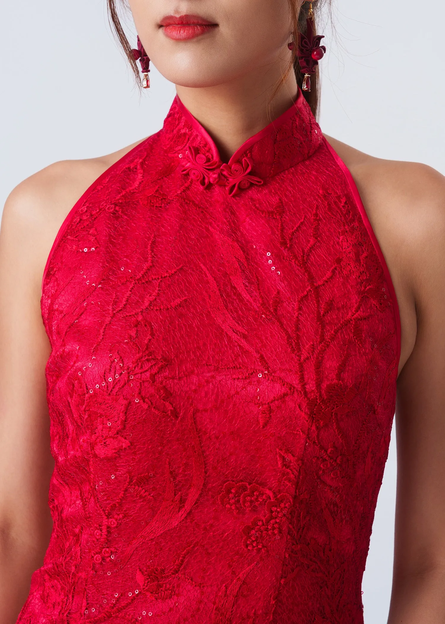 Begonia Backless Halter Bridal Qipao (Red) - RTW