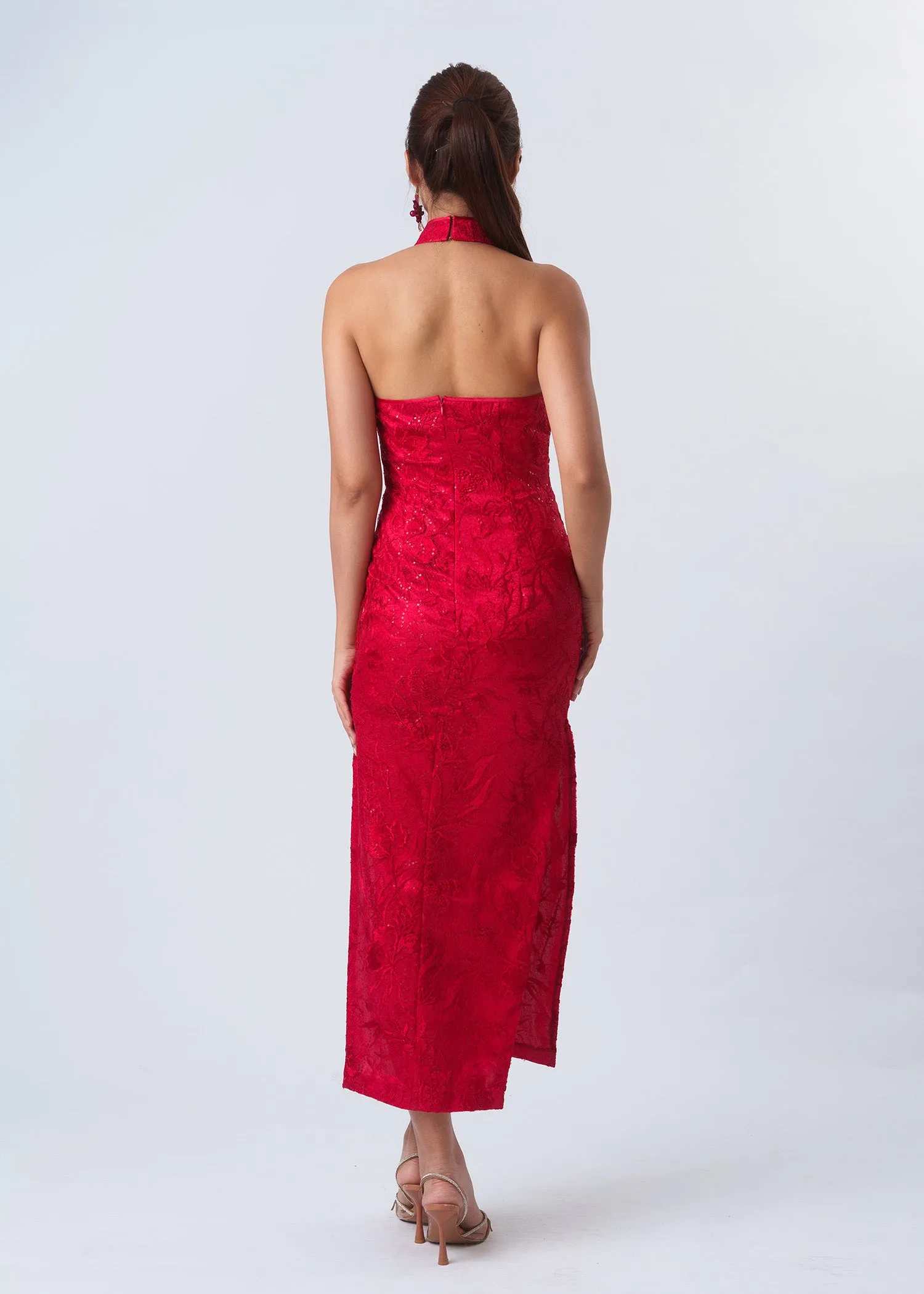 Begonia Backless Halter Bridal Qipao (Red) - RTW