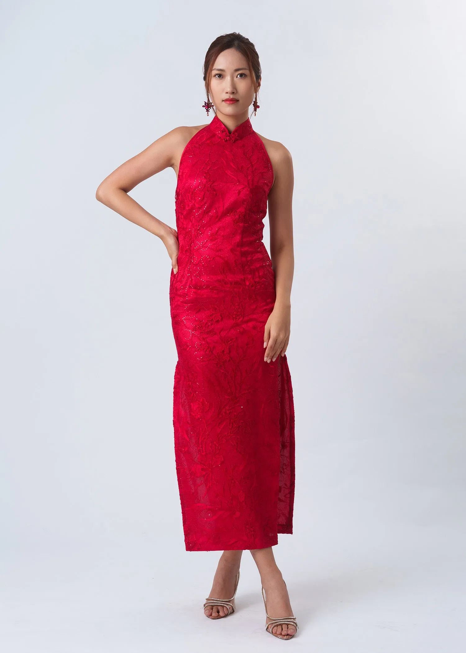 Begonia Backless Halter Bridal Qipao (Red) - RTW