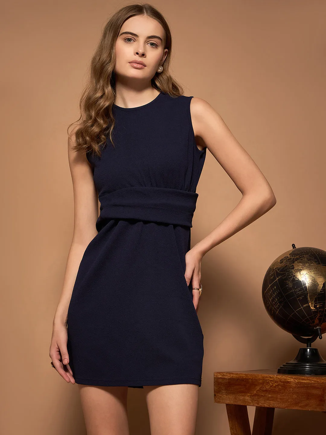 Berrylush BIZwear Women Solid Navy Blue Round Neck Sleeveless Straight Hem Layered Bodycon Mini Dress