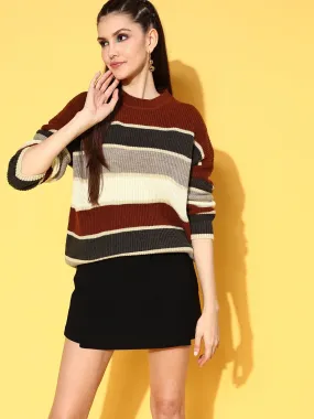 Berrylush Women Brown & Maroon Striped Print Round Neck Acrylic Ribbed Hem Regular Pullover