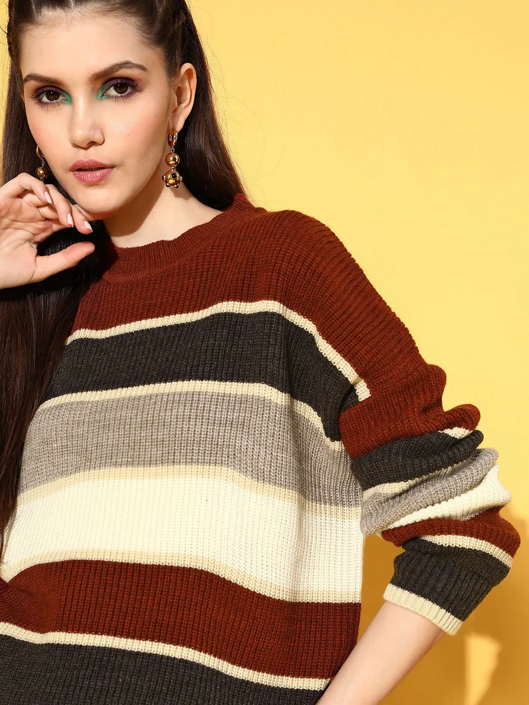 Berrylush Women Brown & Maroon Striped Print Round Neck Acrylic Ribbed Hem Regular Pullover