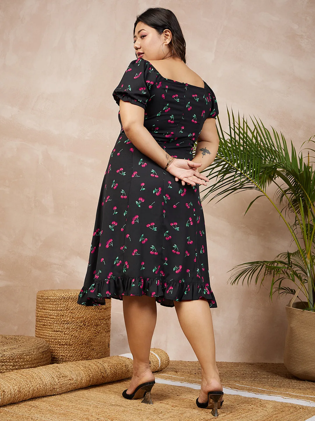 Berrylush Women Plus Size Black & Red Cherry Printed Sweetheart Neck Front Tie-Up Flounce Hem A-Line Midi Dress