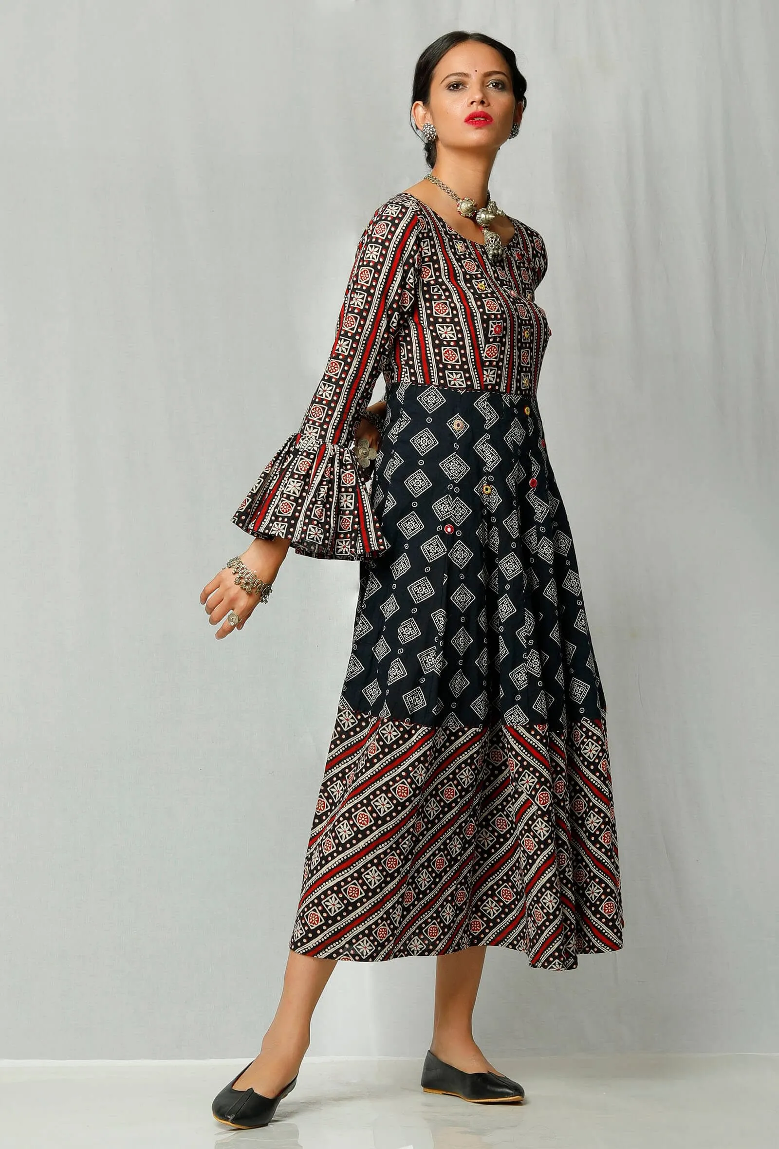 Black and Red Handblock Printed Cotton Dress