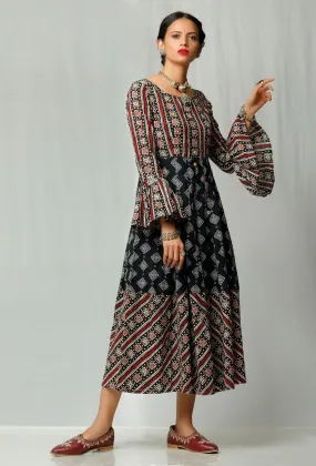 Black and Red Handblock Printed Cotton Dress