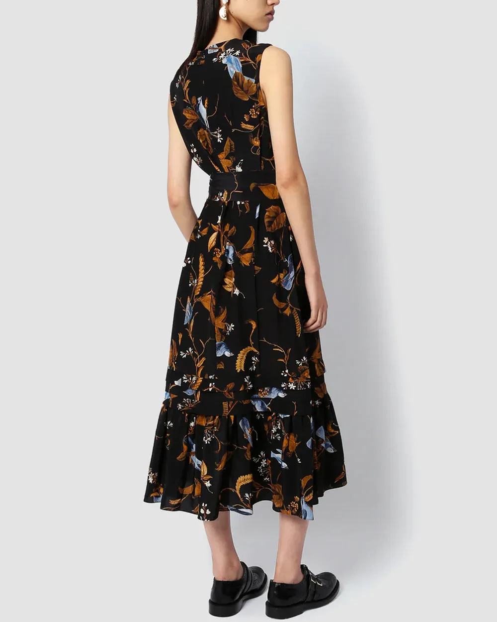 Black Cecilia Birds Pintuck Midi Dress