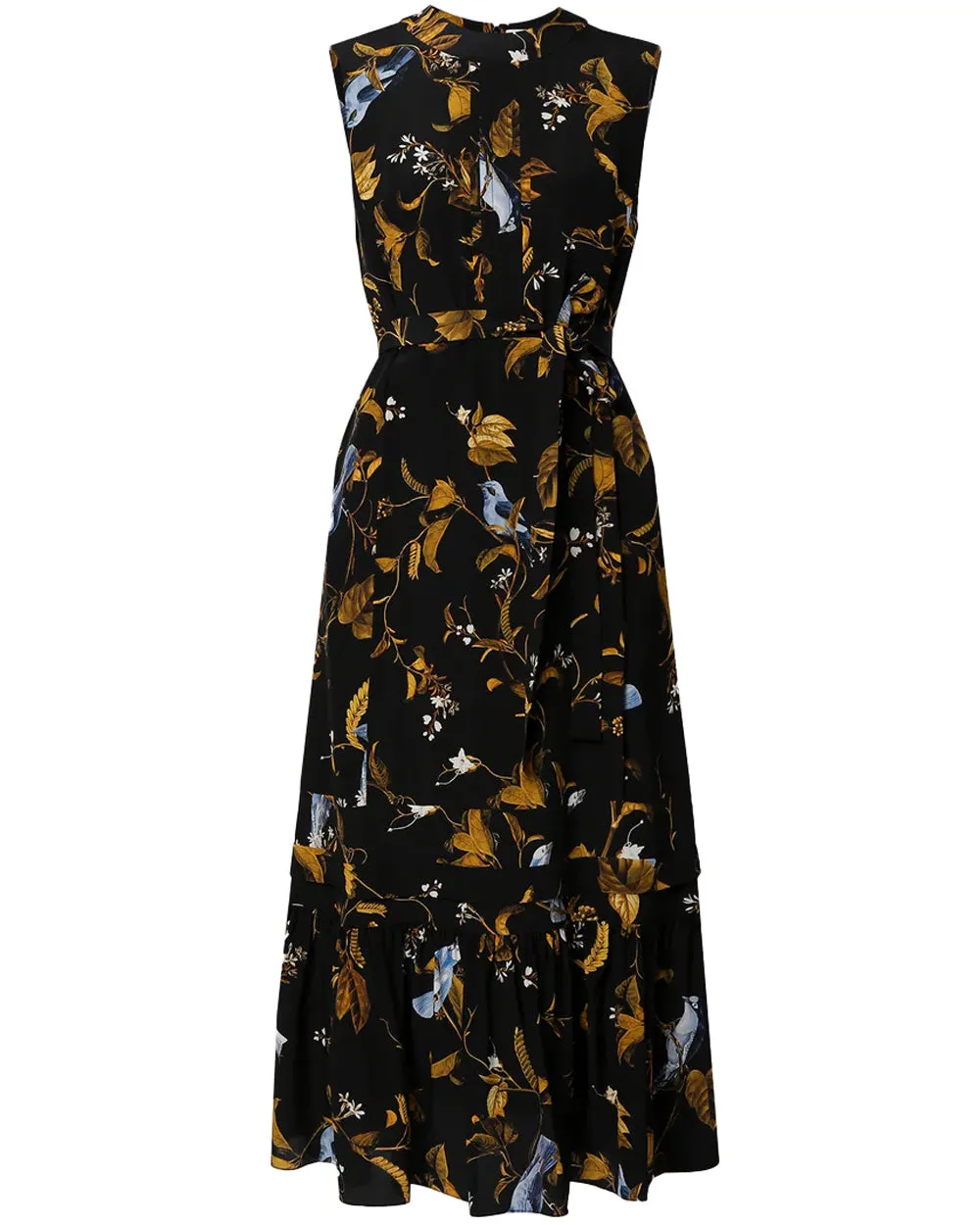 Black Cecilia Birds Pintuck Midi Dress