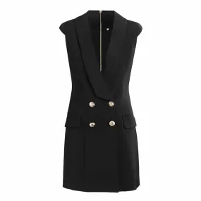 Black Double Breasted Gold Button Business Dress Sleeveless Formal Mini Dresses