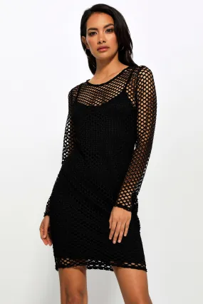 Black Long Sleeve Fishnet Bodycon Dress