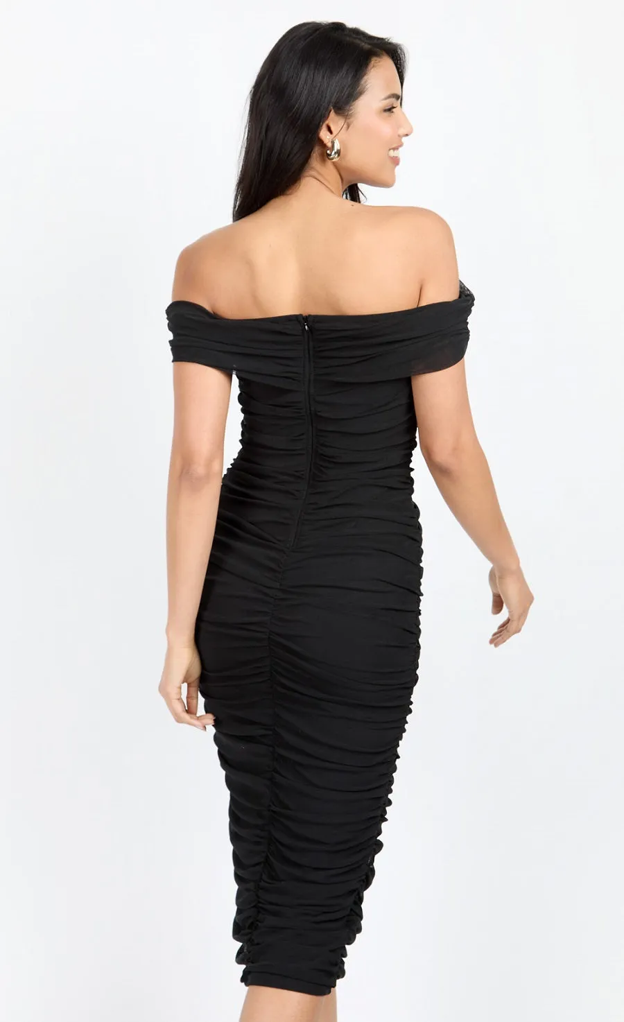 Black Mesh Ruched Bardot Midi Dress by Chloe Lewis