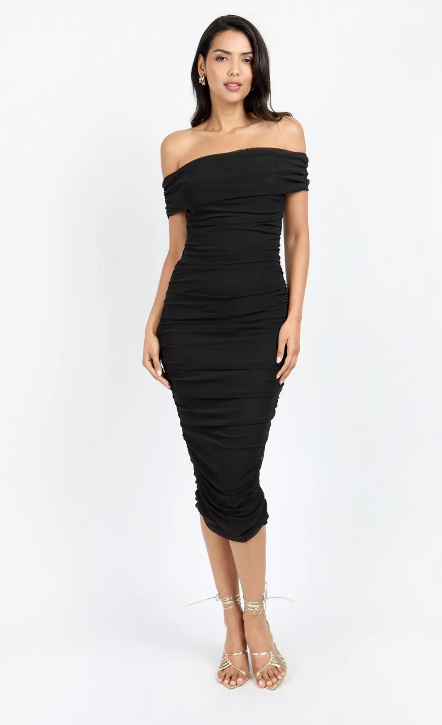 Black Mesh Ruched Bardot Midi Dress by Chloe Lewis