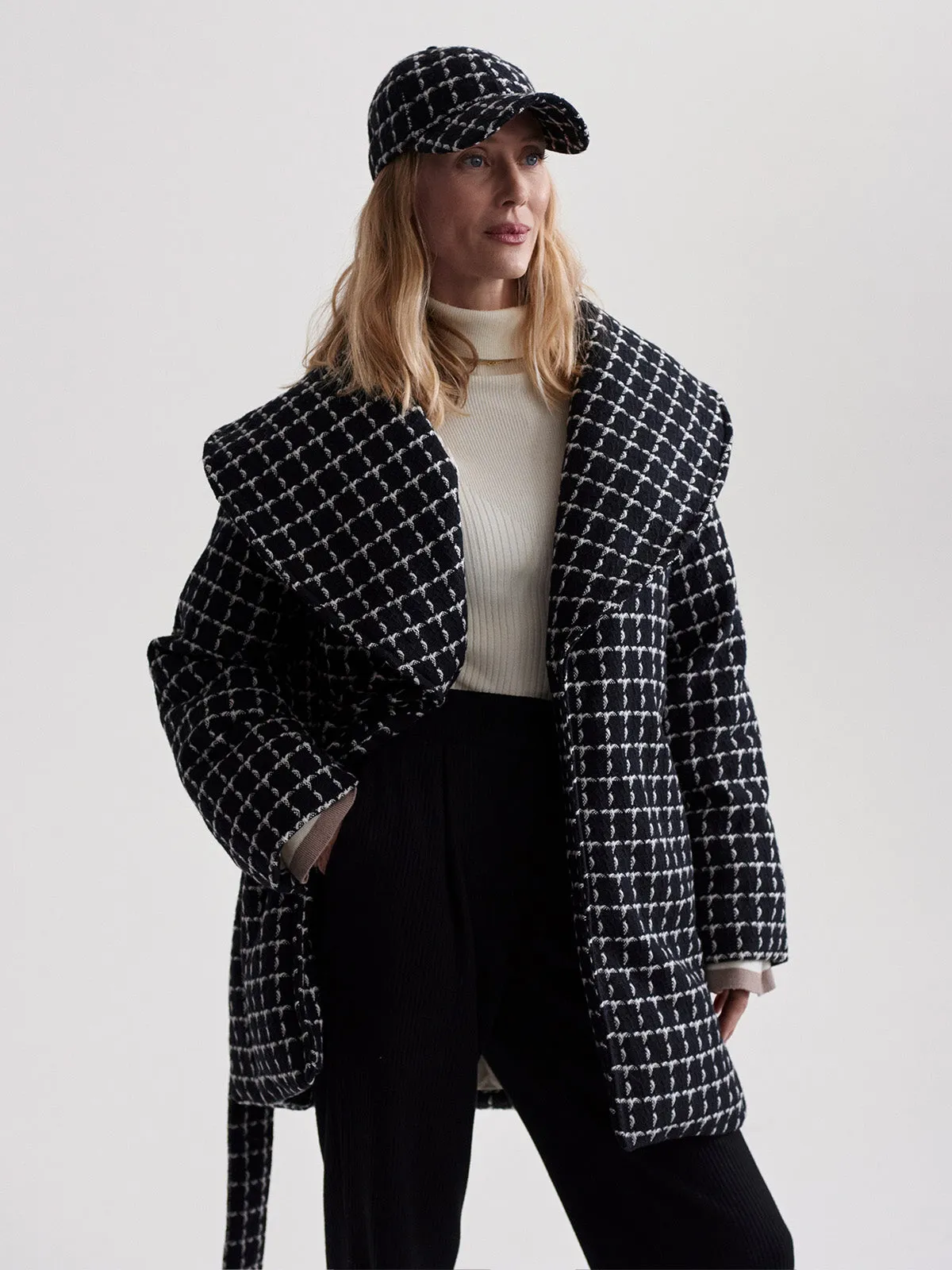 Black Mono Check Milla Wrap Jacket