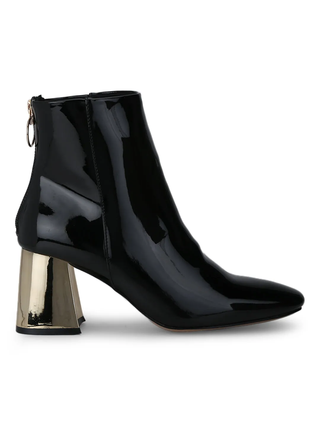 Black Patent Golden Block Heel Back Zipper Ankle Length Boots