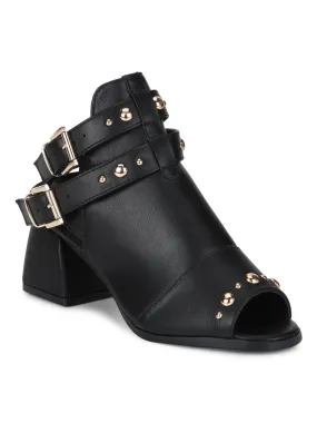 Black PU Stud and Buckle Strap Peep Toe Block Heels