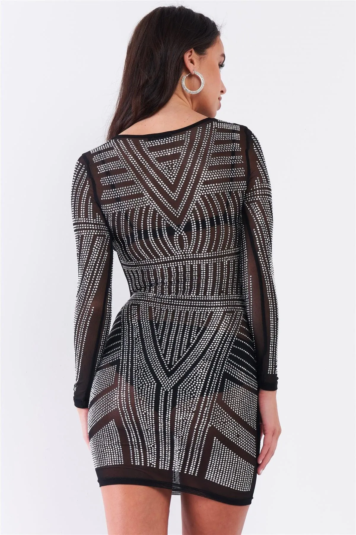 Black Rhinestone Studded Sheer Mesh Long Sleeve Bodycon Dress /1-2-1