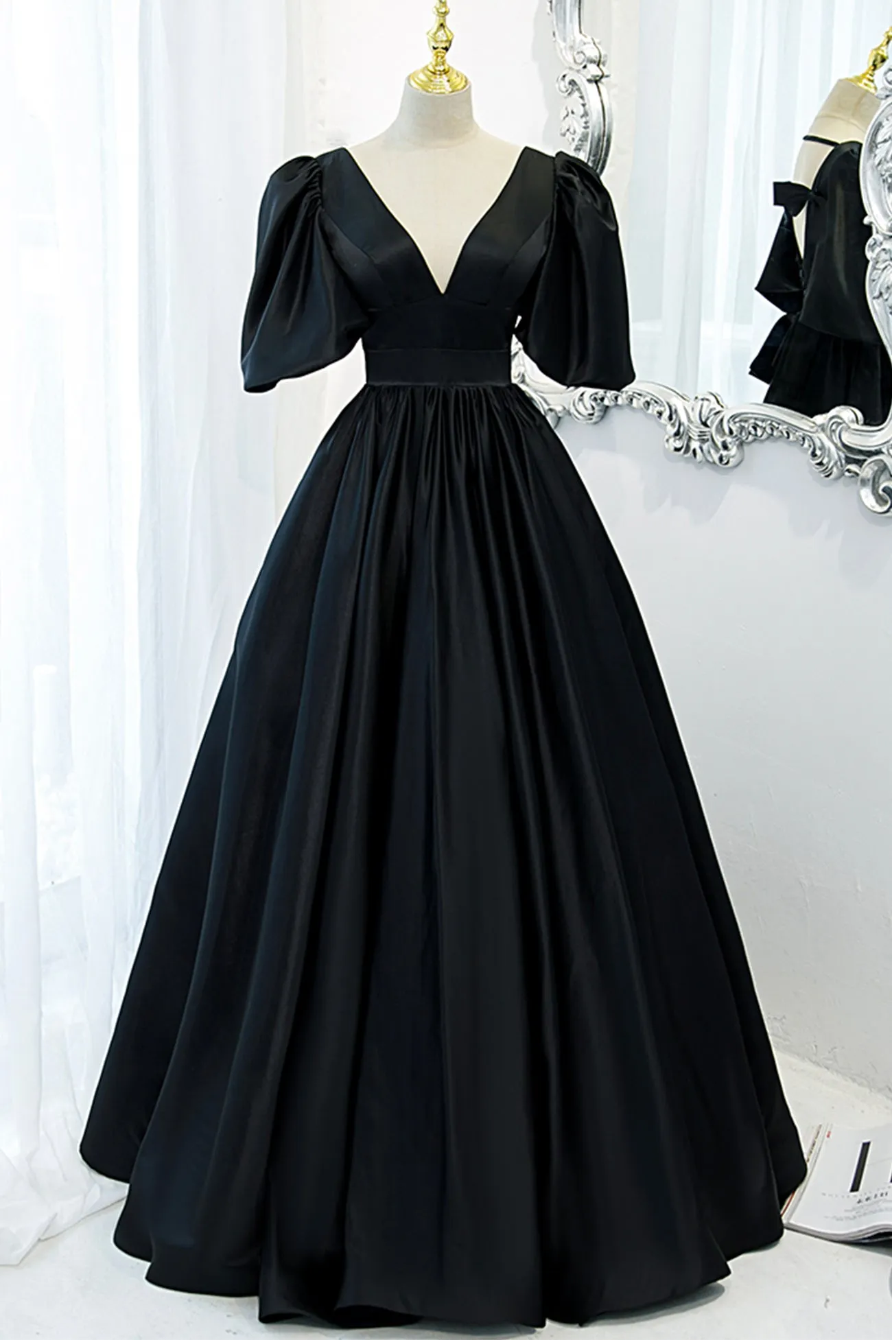 Black V-Neck Satin Long Prom Dress, A-Line Short Sleeve Evening Dress