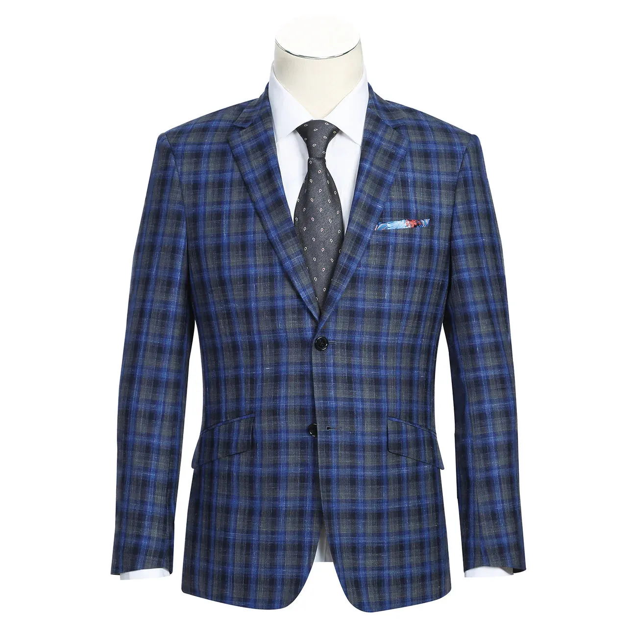 Blue & Grey Wool & Linen Slim Fit Sport Coat