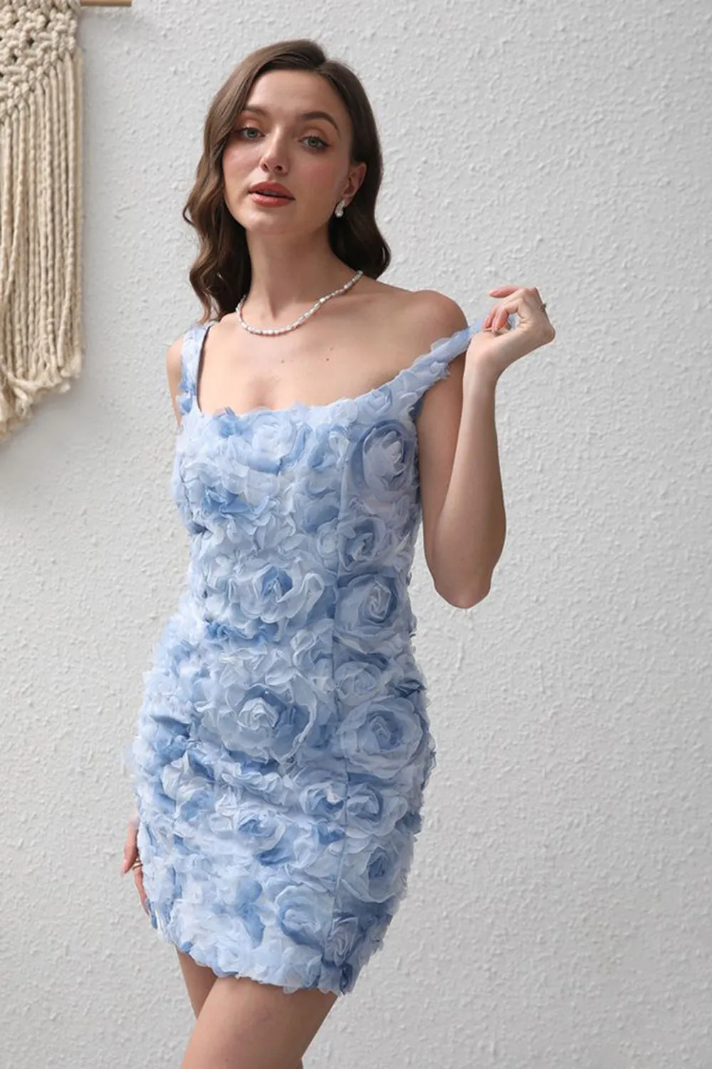 Blue Bodycon Square Neck Short Lace Up Party Dress with 3D Flower