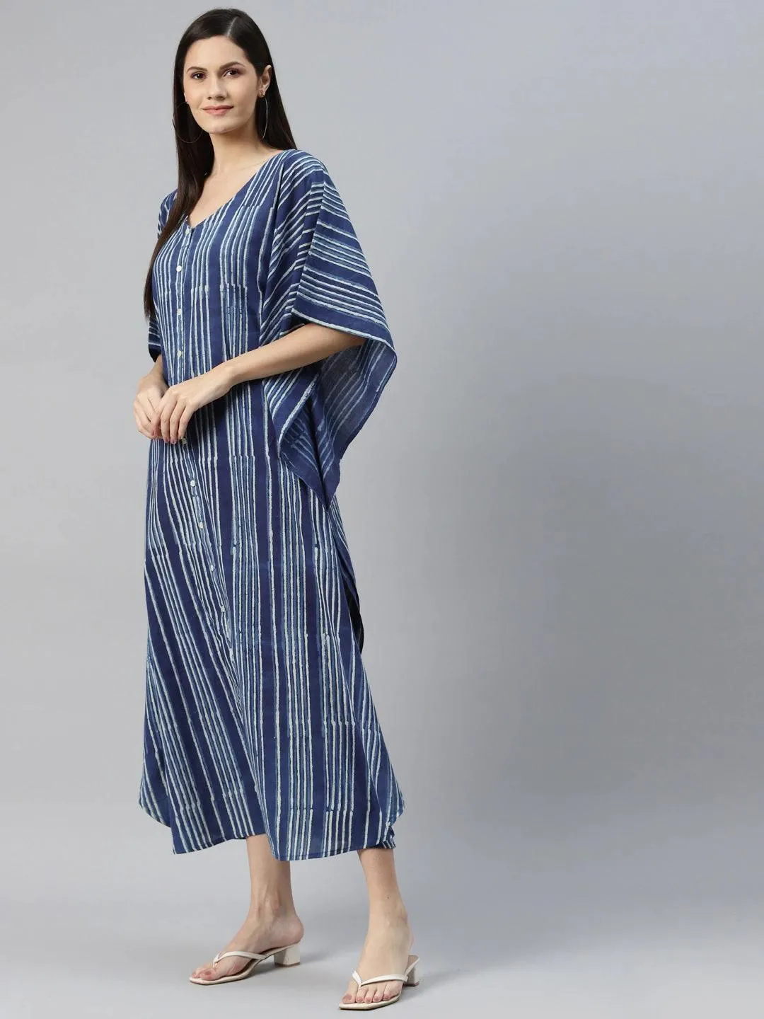 Blue Hand Block Printed Striped Kaftan Dress