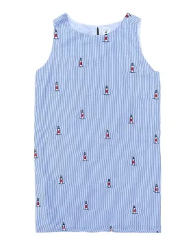 Blue Seersucker Women's Dress with Embroidered Lighthouses