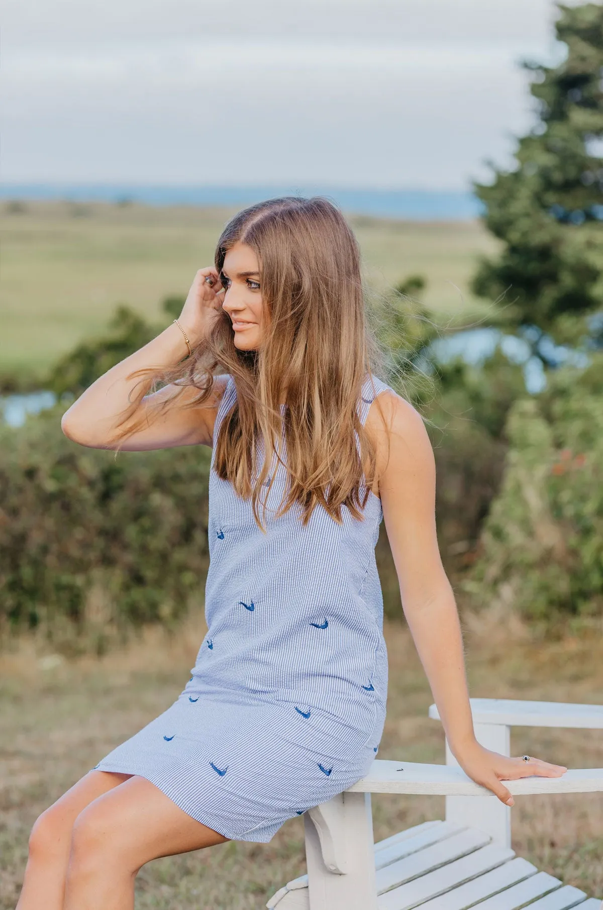 Blue Seersucker Women's Dress with Navy Embroidered Nantuckets