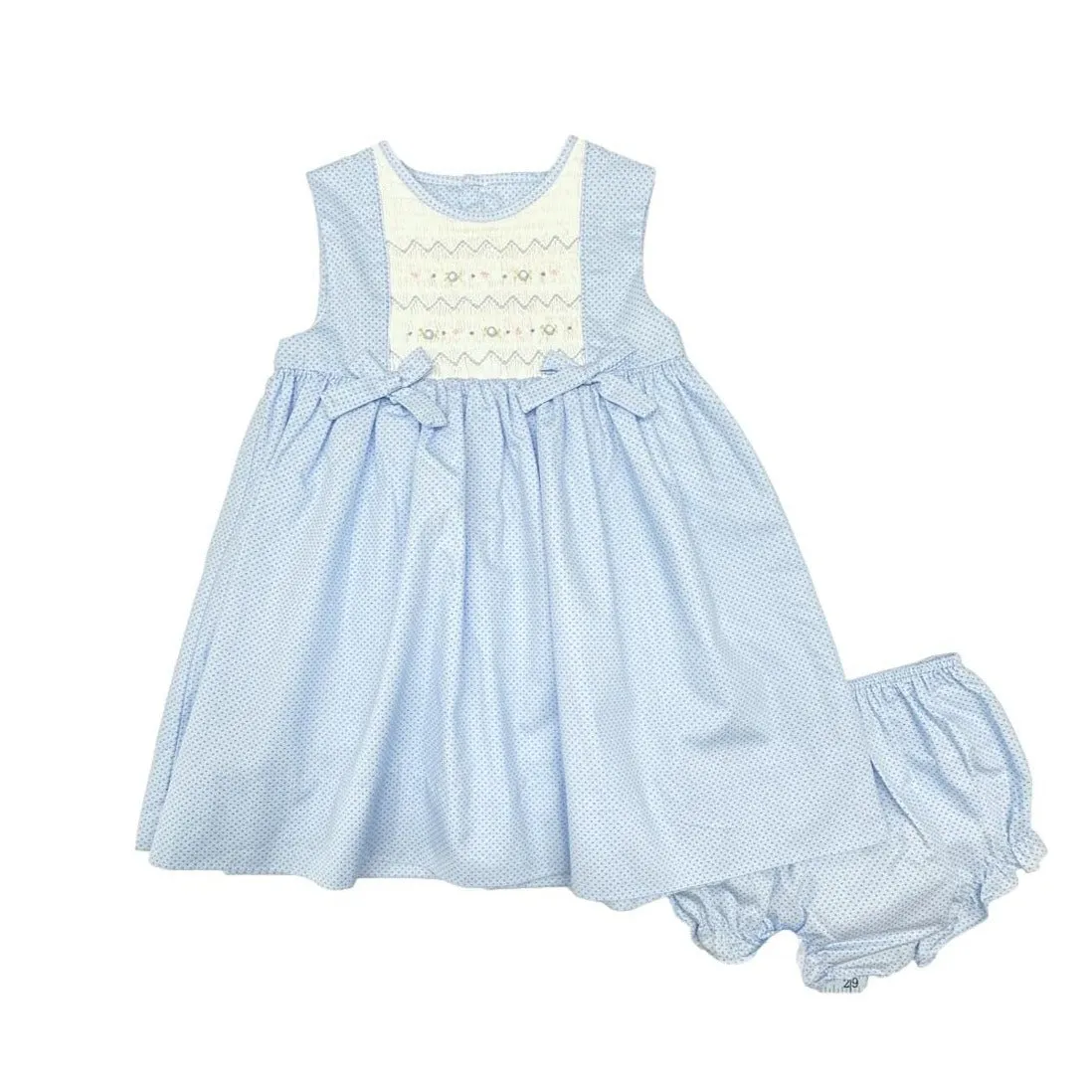 Blue Smocked Dress with Flowers and Bows