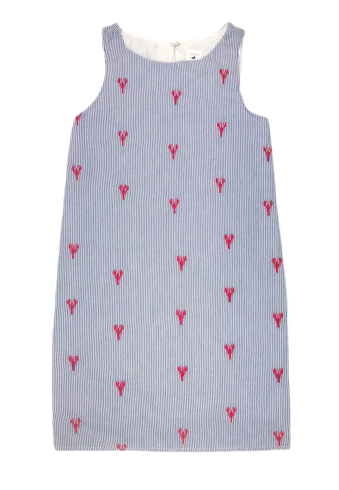 Blue Women's Seersucker Dress with Red Embroidered Lobsters