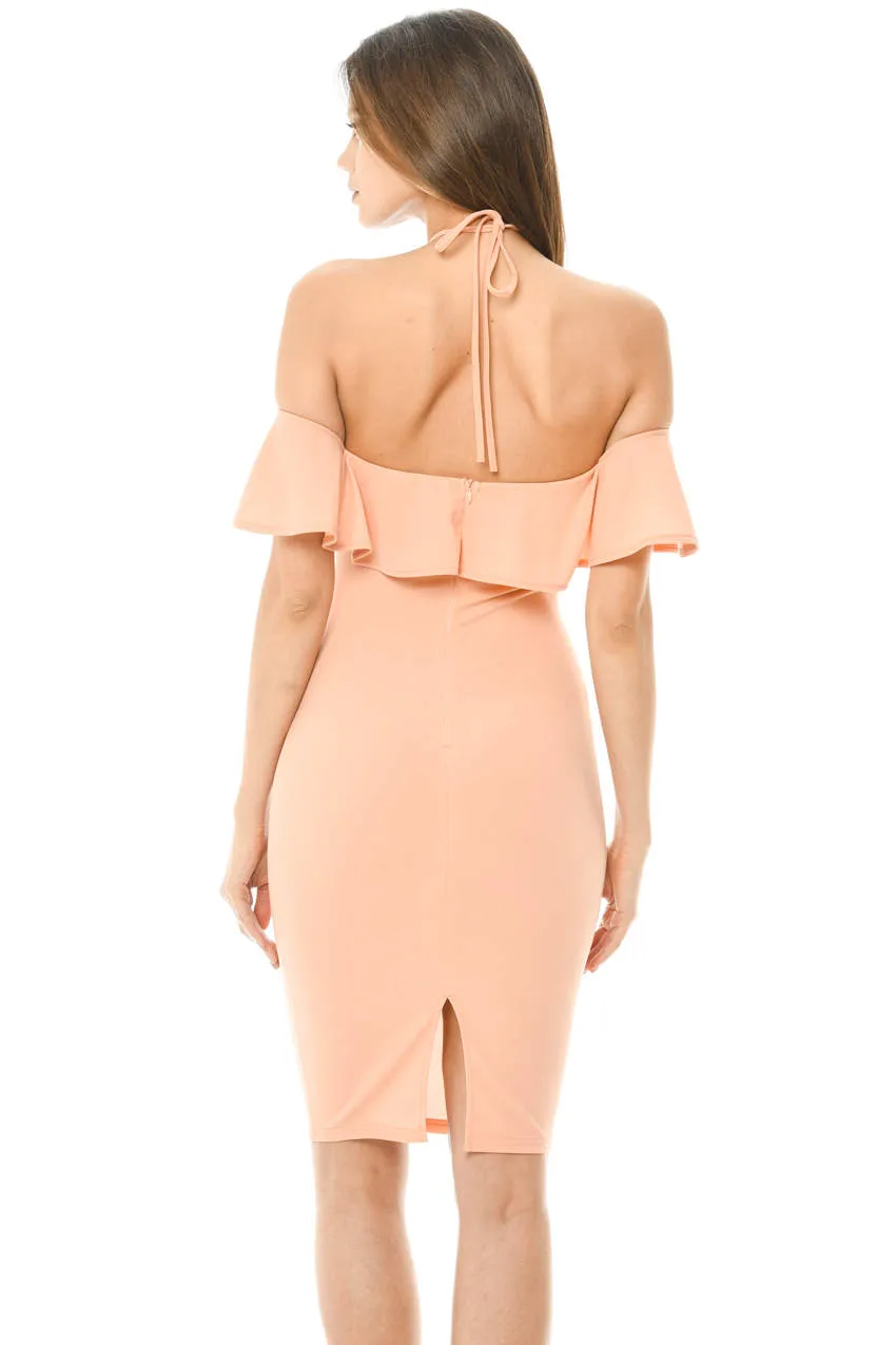 Blush Tie Neck Frill Midi Dress