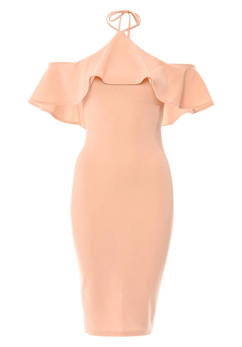 Blush Tie Neck Frill Midi Dress