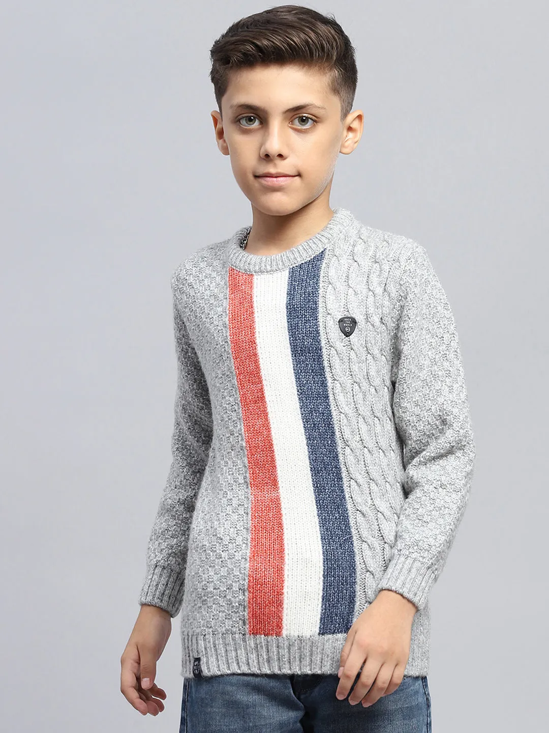 Boys Grey Self Design Round Neck Full Sleeve Pullover