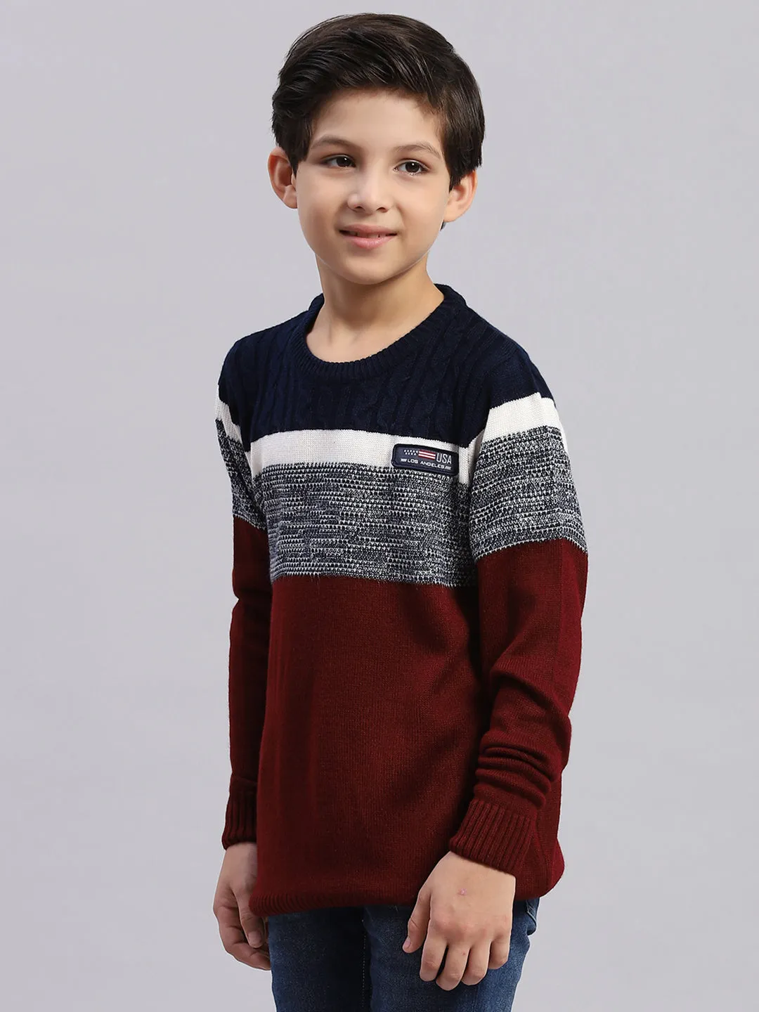 Boys Maroon Stripe Round Neck Full Sleeve Sweater