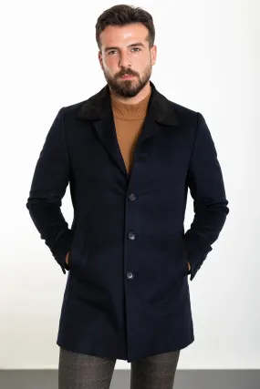 Brabion Eden Patterned Slim Fit Navy Blue Coat