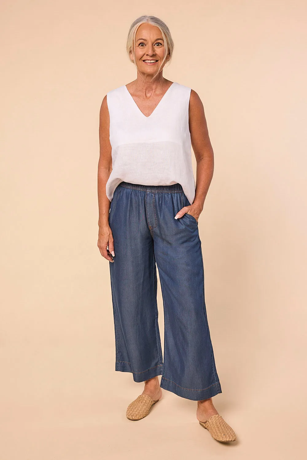 Breezy Petite Length Relaxed Tencel Pant in Mid Wash