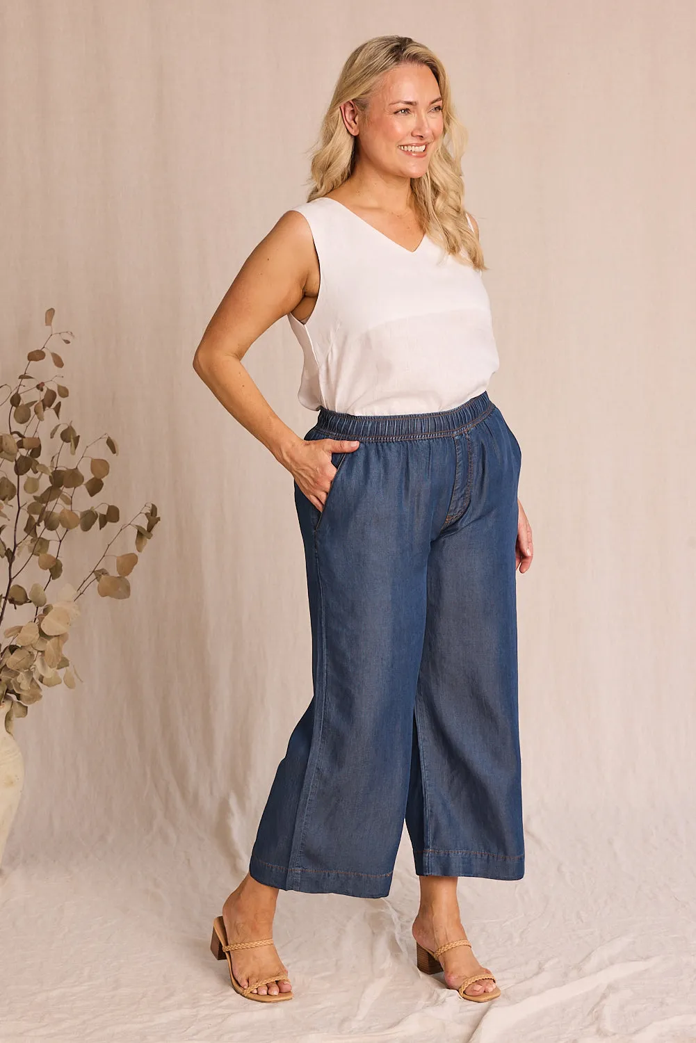 Breezy Petite Length Relaxed Tencel Pant in Mid Wash